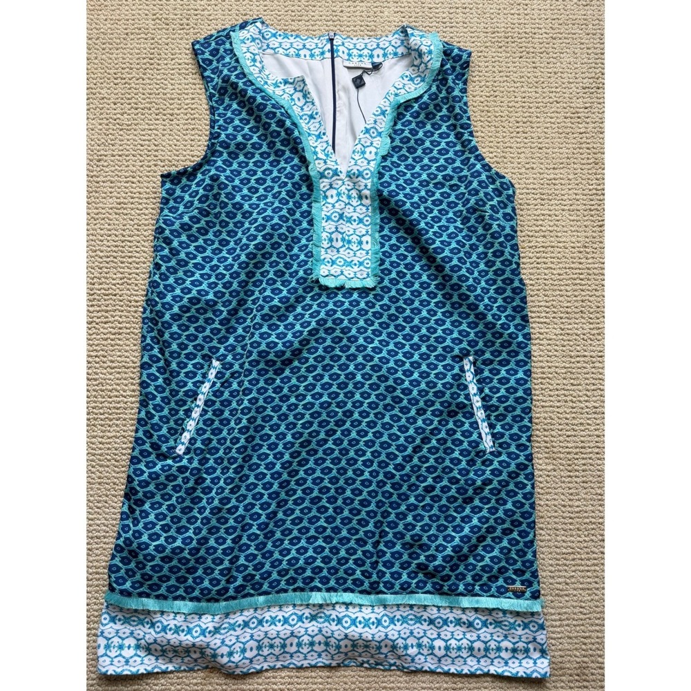 Cabana Life Blue Geometric Tile Print Fringe Shift Dress XL 633-AB20 UPF 50+
